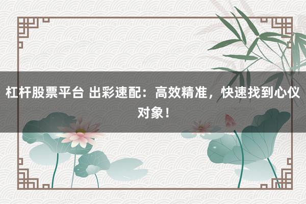杠杆股票平台 出彩速配：高效精准，快速找到心仪对象！